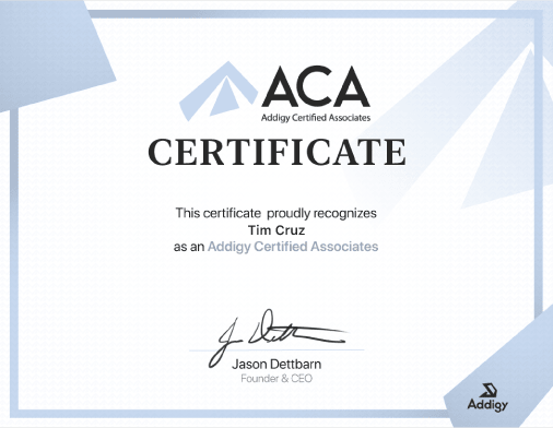 Addigy Certified Associate (ACA) Certificate (example)