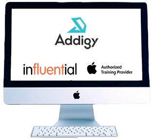 Monitor with logos about Addigy Partner Influential Software